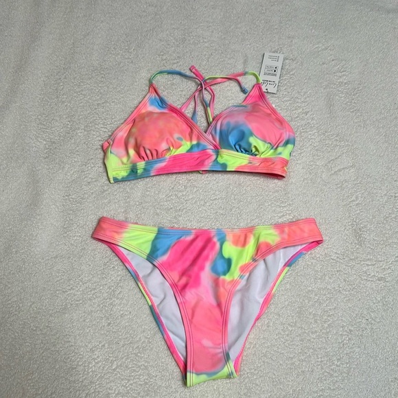 NWT! Pink yellow and‎ blue Tie-Dye Triangle Top & Cheeky Hipster Bikini Set - Picture 2 of 8